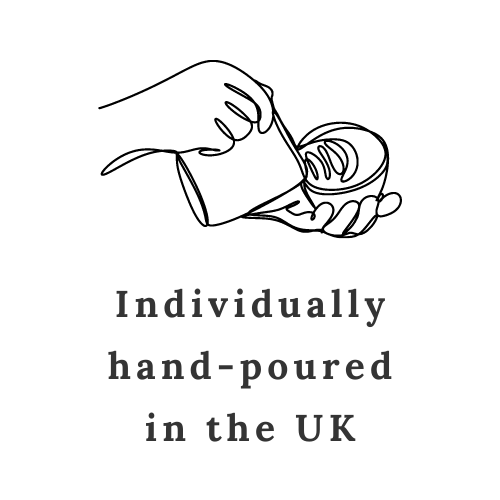 Line drawing of someone pouring wax into a container to make a candle with title text that says individually hand-poured in the UK